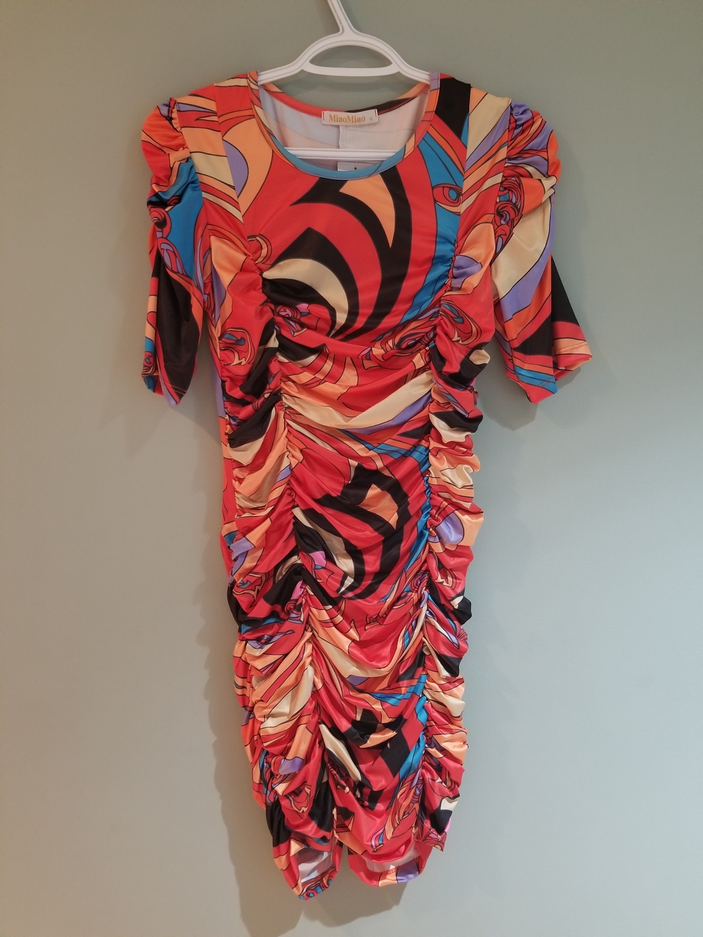 Woman's Miao Miao Ruched Multicolor Patterned Women's Dress - Red, Size  Small
